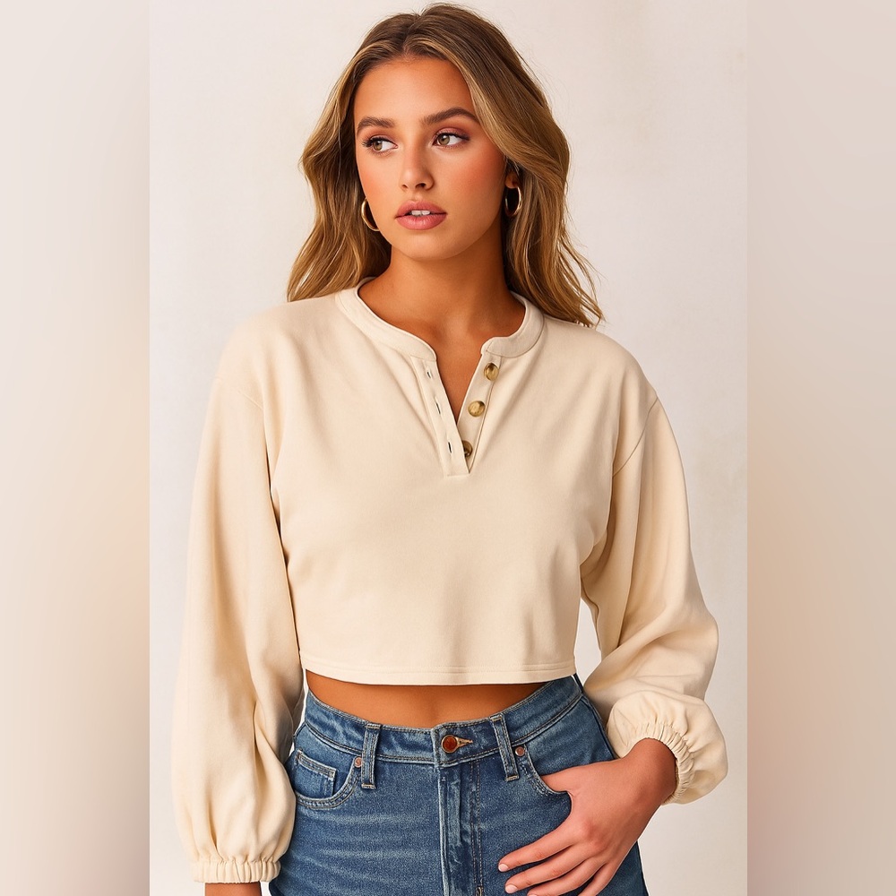 Sabo Skirt Cream Puff Sleeve Polo Henley Cropped Pullover Sweatshirt Size M